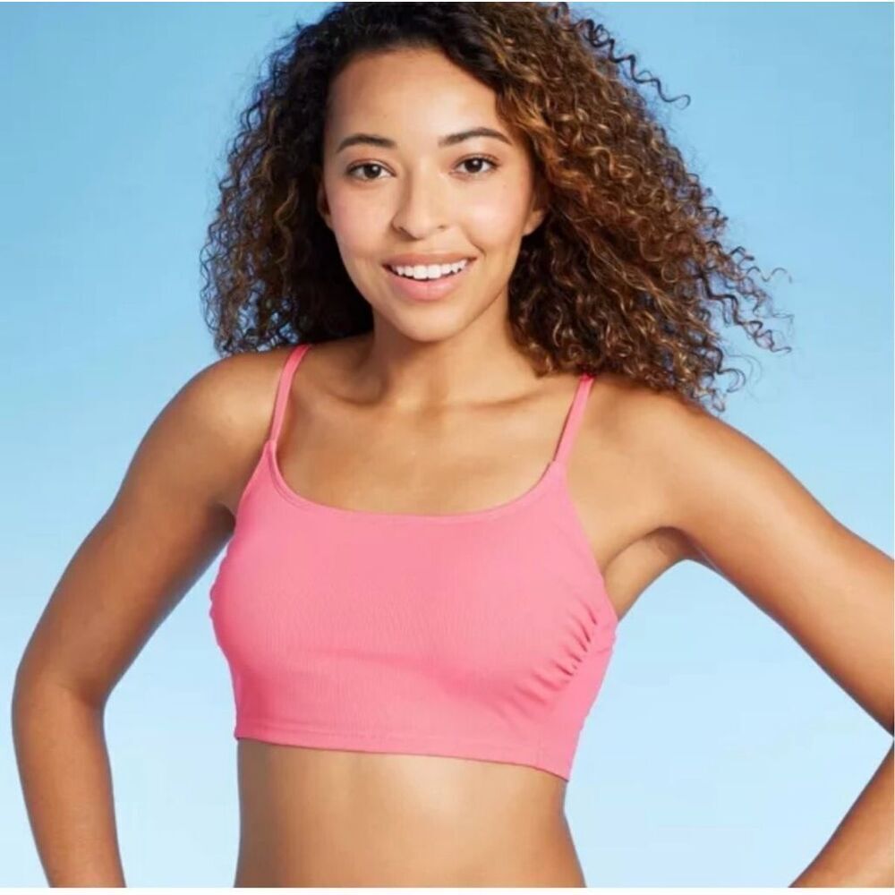 Shade and Shore Pink Ribbed Padded Bikini Top With Adjustable Straps Size Large